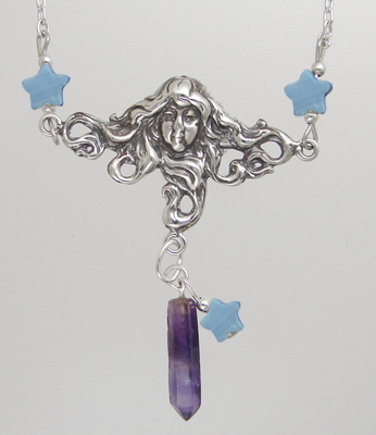 Sterling Silver Woman Maiden of the Morning Star Necklace With Amethyst And Dark Blue MOP Stars